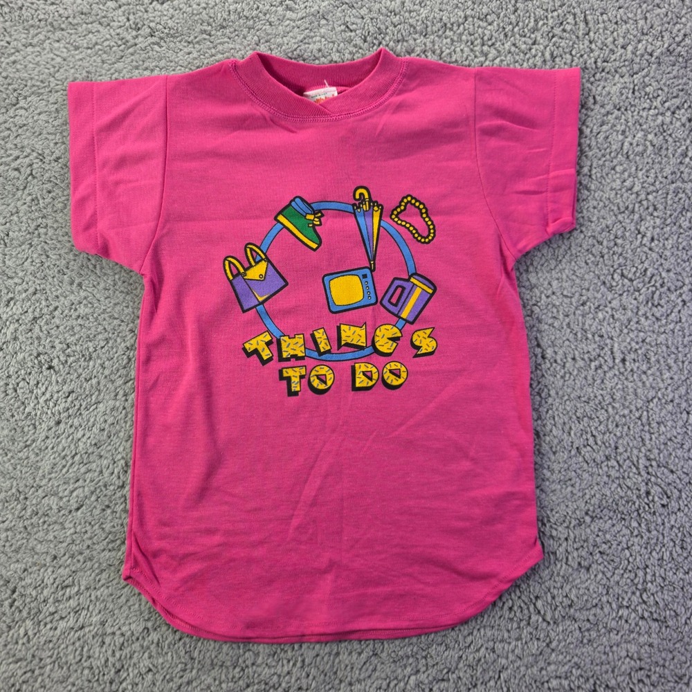 Vintage Health-tex Kids Pink Things To Do Graphic T-Shirt Size 6 NWT Made in USA
